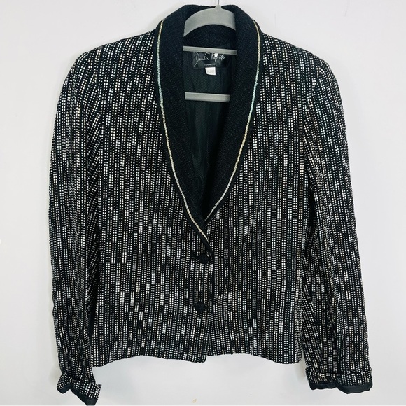 Dahlia Popovits Size 6 Black Handwoven Tweed Two-Button Blazer Jacket HC